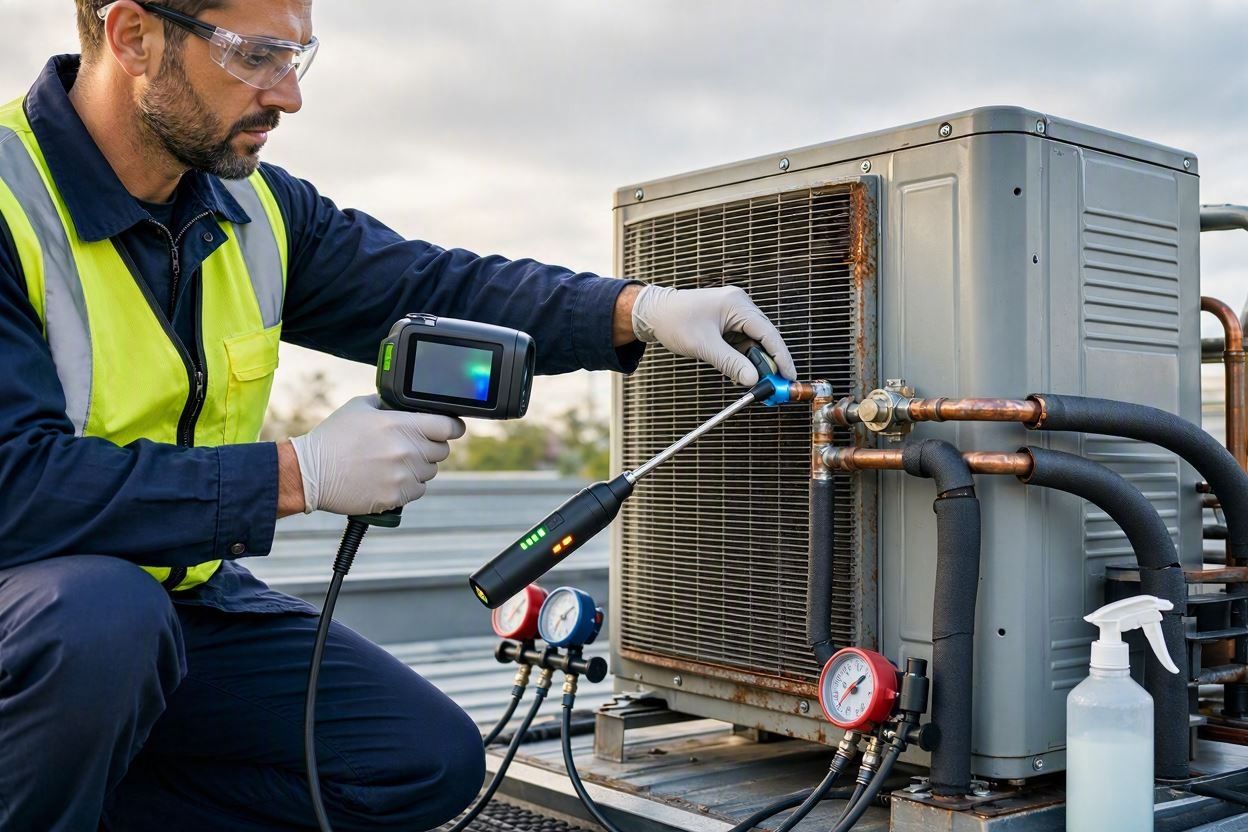 Technician inspecting HVAC unit with thermal camera and gauge on outdoor equipment