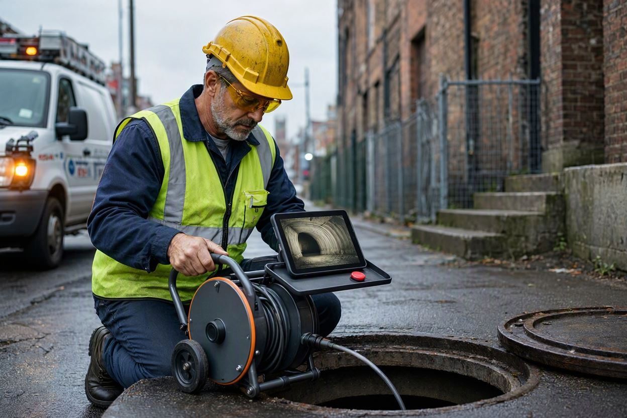 Worker in hard hat inspecting a manhole with a camera reel on a city street