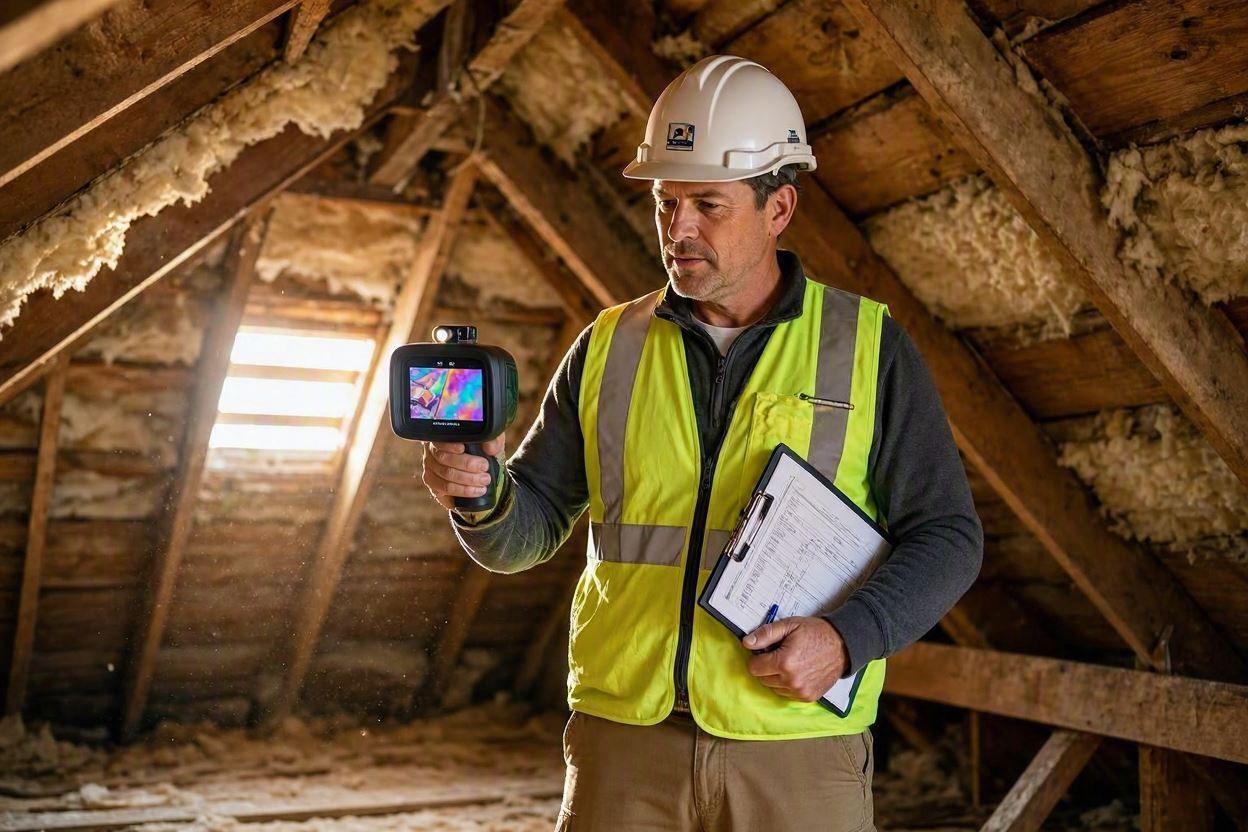 Inspector in a hard hat and safety vest examining a handheld thermal camera in an attic