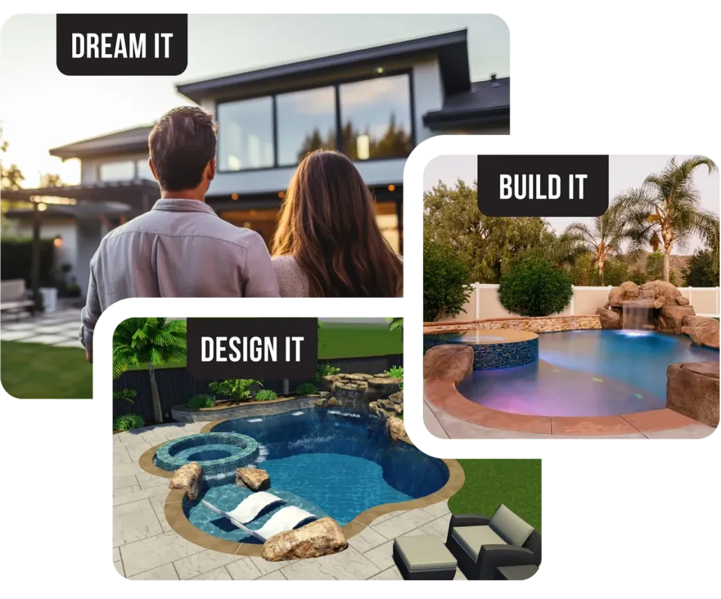 Customers dreaming about building and pool with a 3d design and final completed project. Customers dreaming about building and pool with a 3d design and final completed project.
