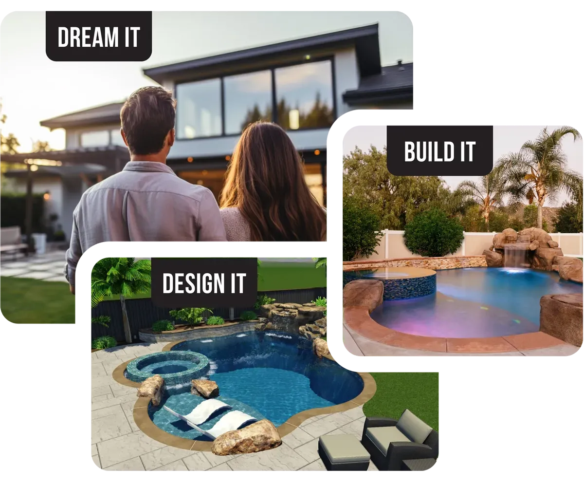 Customers dreaming about building and pool with a 3d design and final completed project. Customers dreaming about building and pool with a 3d design and final completed project.