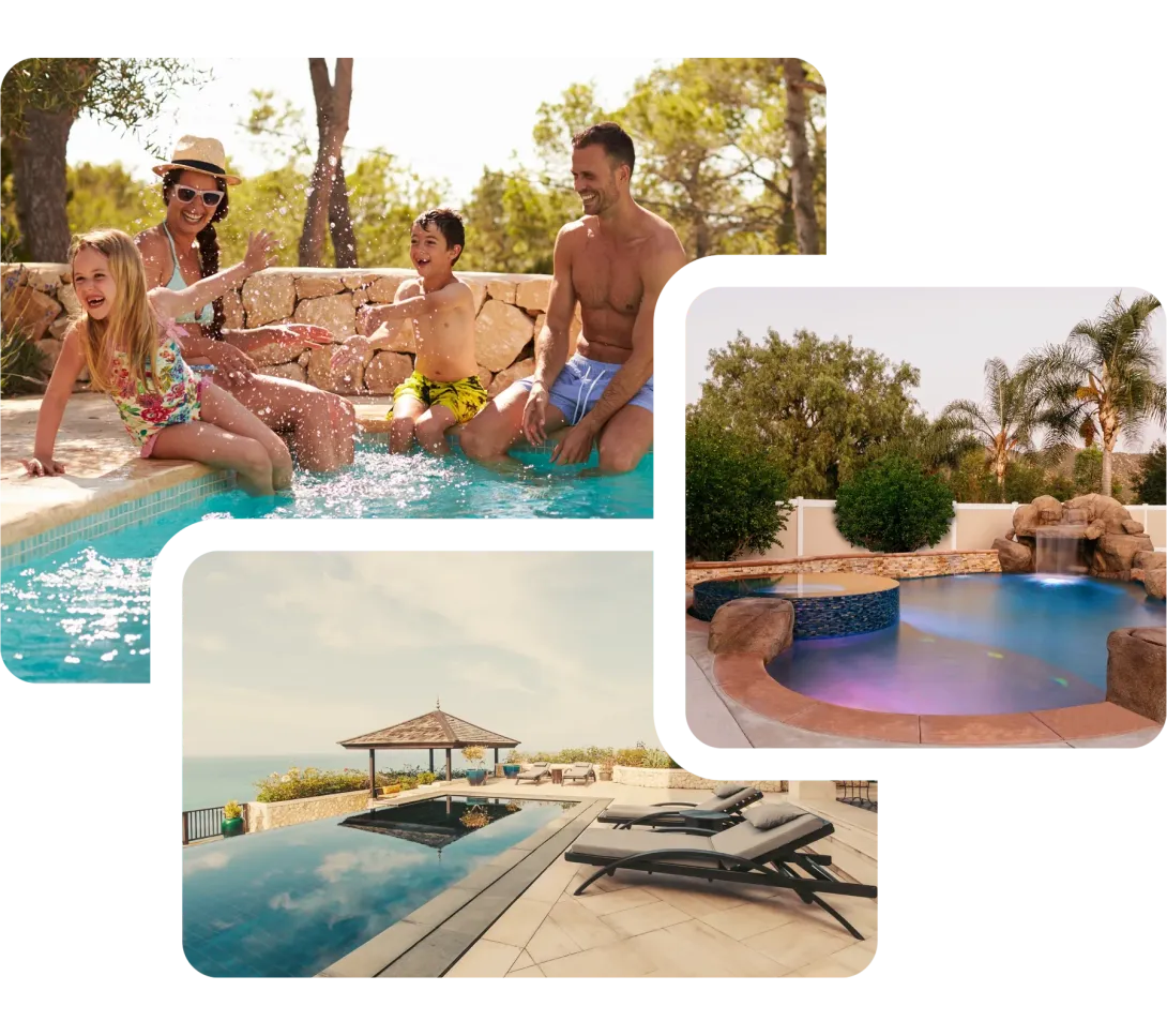 Custom pool construction and family enjoying swimming pool. Custom pool construction and family enjoying swimming pool.