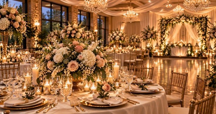 Elegant event center in Edinburg, TX, featuring warm lighting, floral arrangements