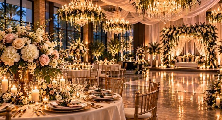 Elegant event center near Pharr, TX, featuring sophisticated décor, warm lighting, and floral detail