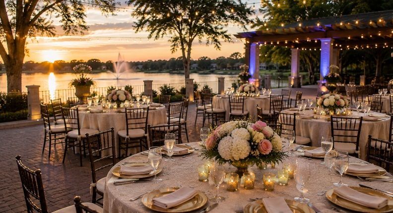 Elegant outdoor event center near San Juan, TX overlooking a scenic lake at sunset.