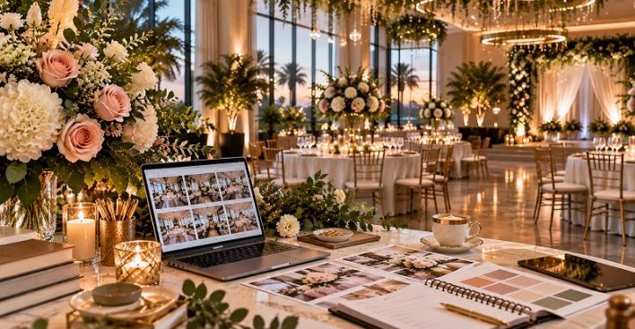 Modern event center in Edinburg, TX, featuring contemporary lighting, elegant greenery