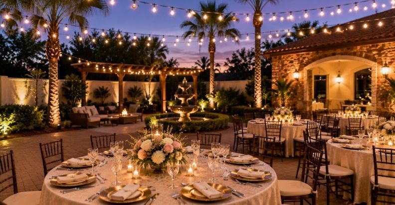 outdoor event center near Pharr, TX with string lights and beautifully decorated reception tables.