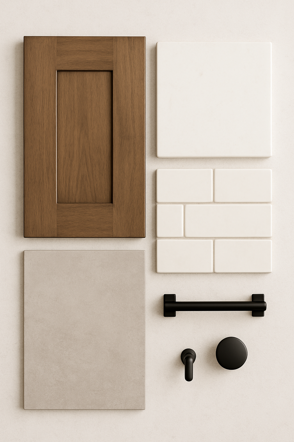 Wooden cabinet door, white tiles, light gray square, black hardware, creating a kitchen design concept.
