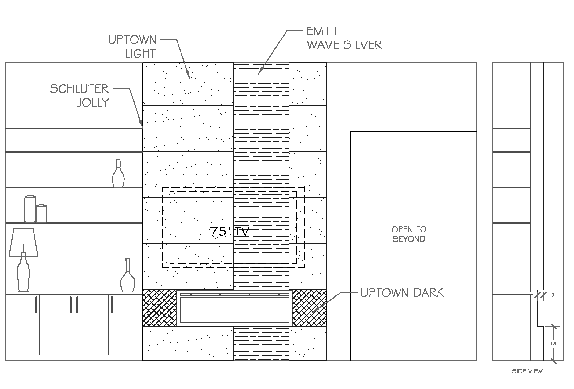 Architectural drawing: elevation view of a wall section with concrete, brick, and window details labeled.