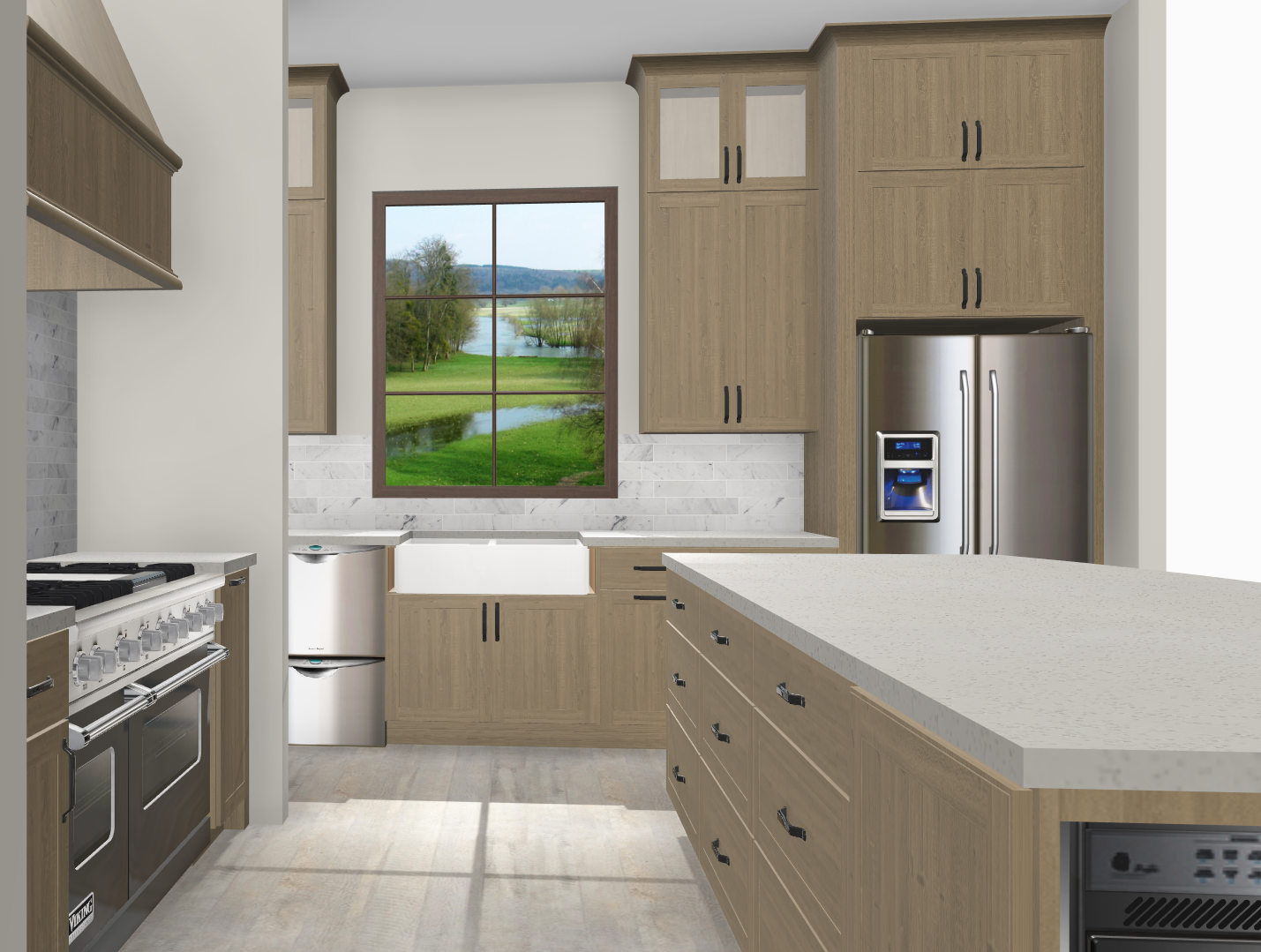 Kitchen with wooden cabinets, stainless steel fridge, island, and large window overlooking a landscape.
