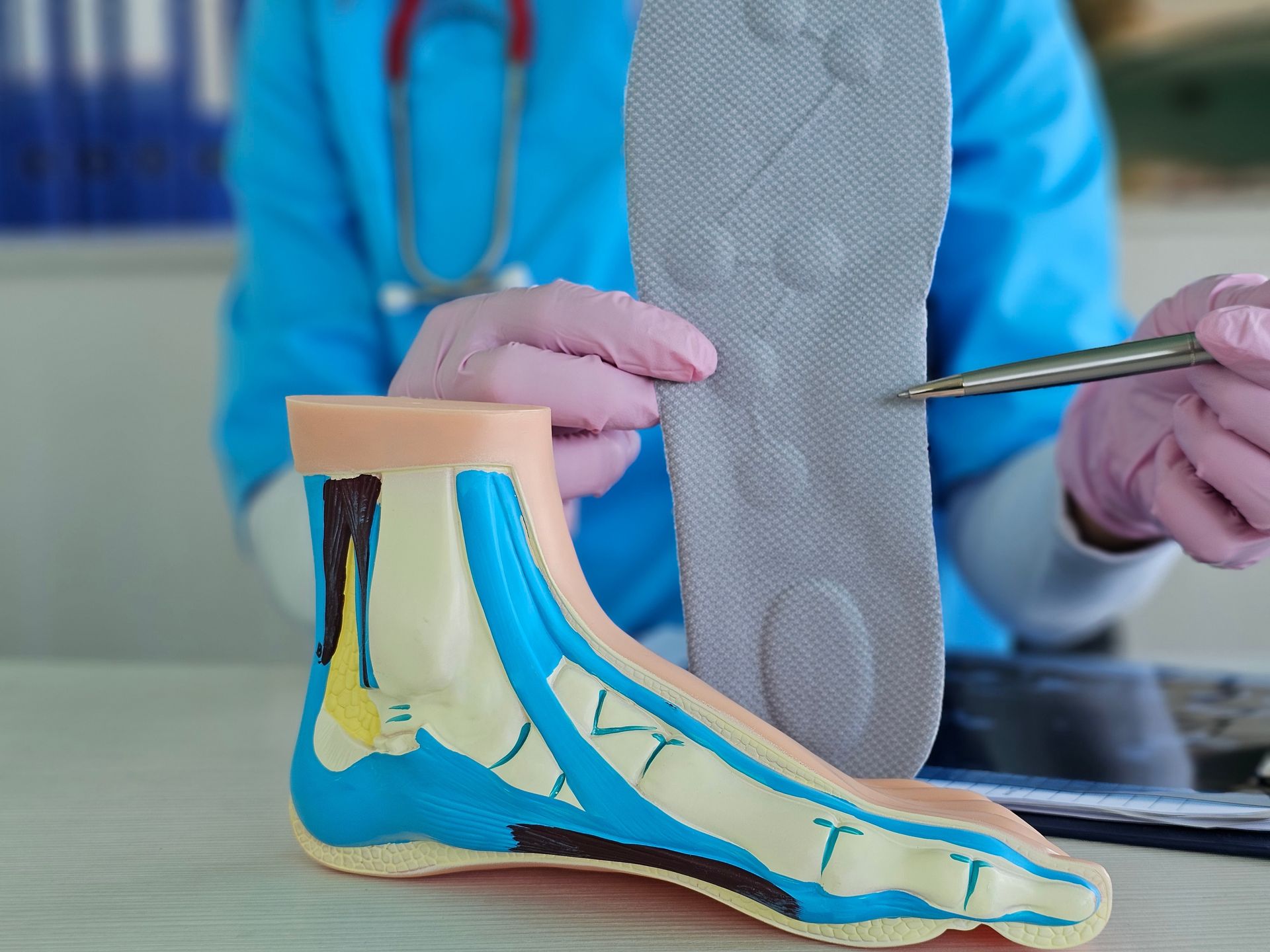 A healthcare professional in blue scrubs holding a grey shoe orthotic next to an anatomical foot model.