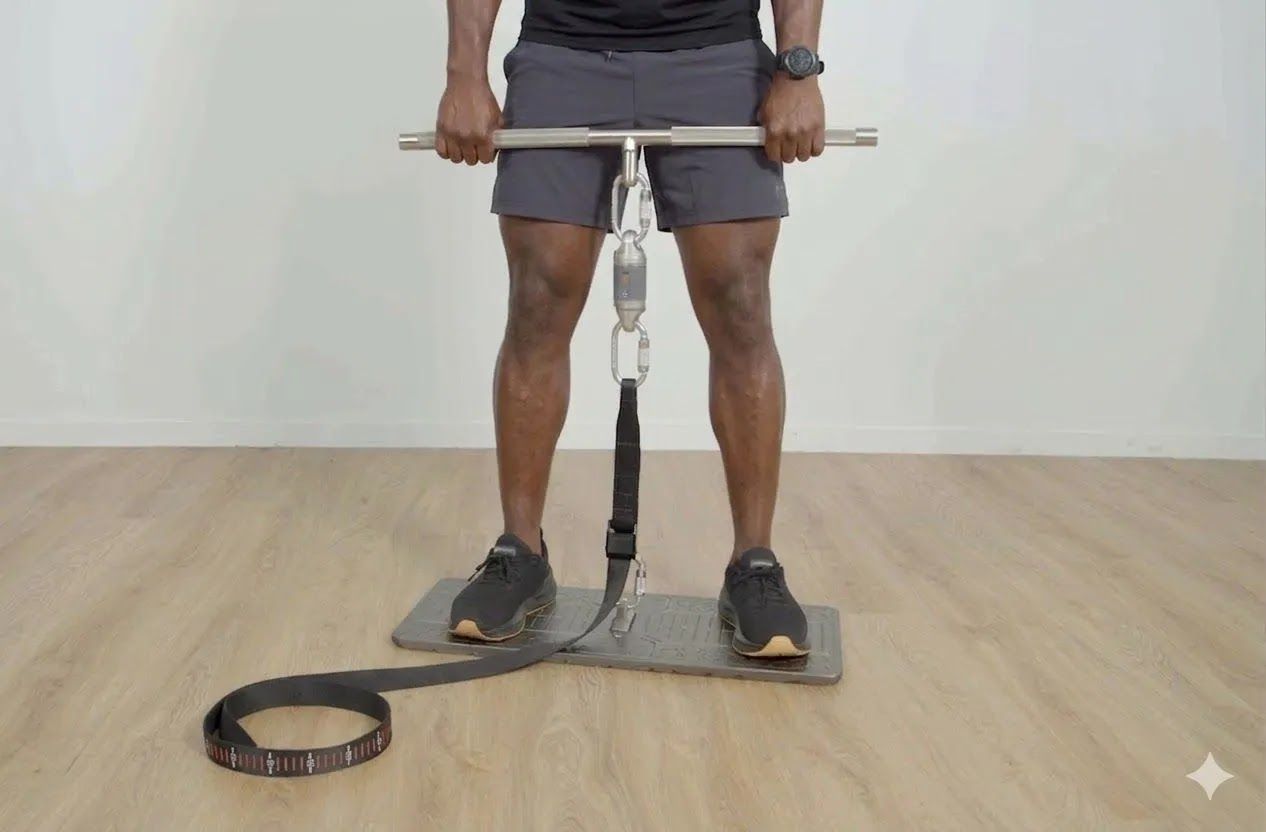 Person using a resistance band attached to a handle, standing on a wooden floor in a gym-like room.