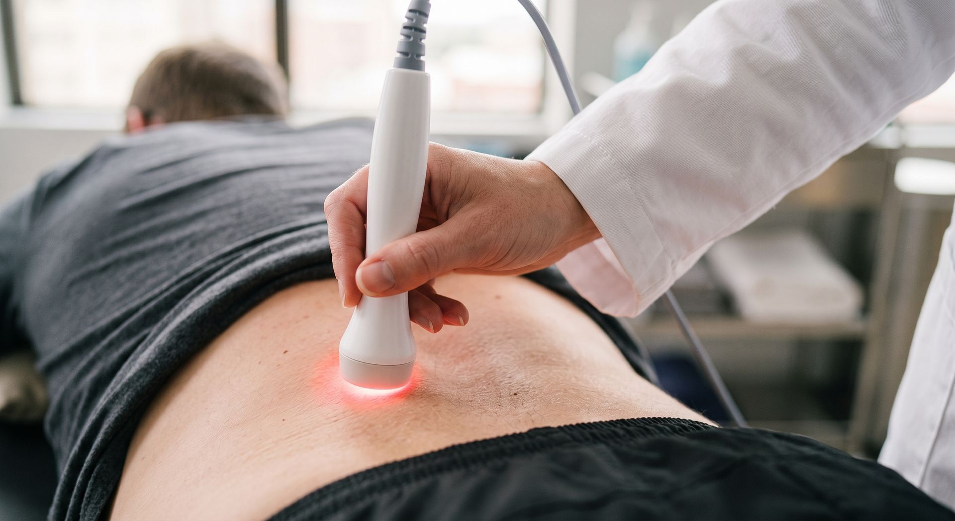 Healthcare worker using a handheld device on a patient’s shoulder in a clinic setting
