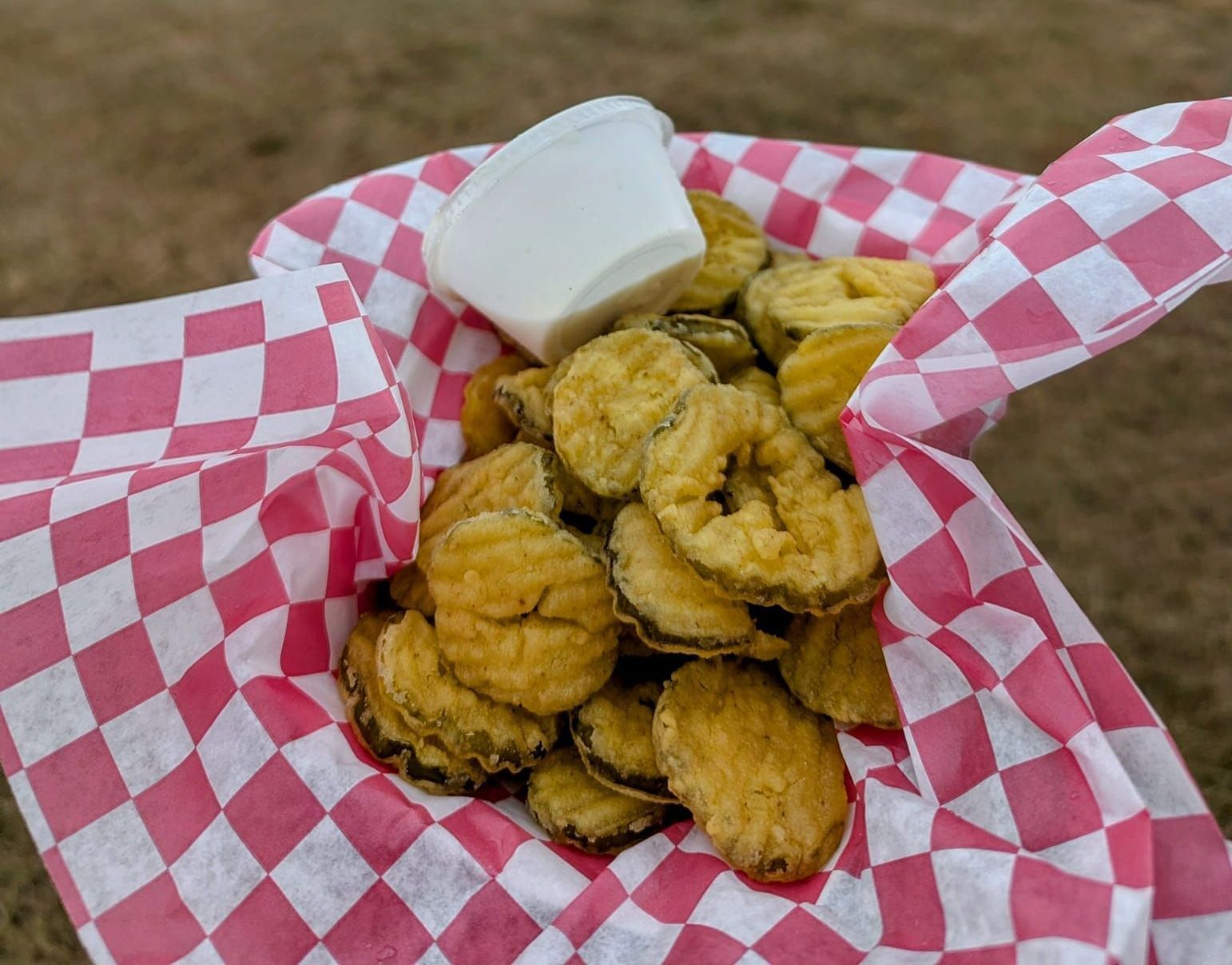 A person is holding a basket of fried pickles with dipping sauce.