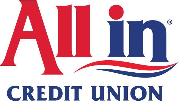 Logo for All In Credit Union with red and blue text. The word 
