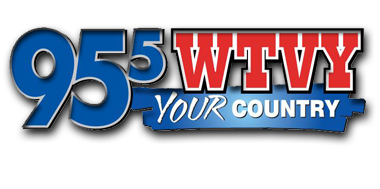 Logo for 95.5 WTVY, a country radio station. The numbers are blue, with the call letters in red. 