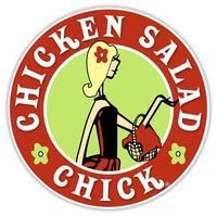 Round logo for Chicken Salad Chick with a stylized woman holding a basket, surrounded by text 