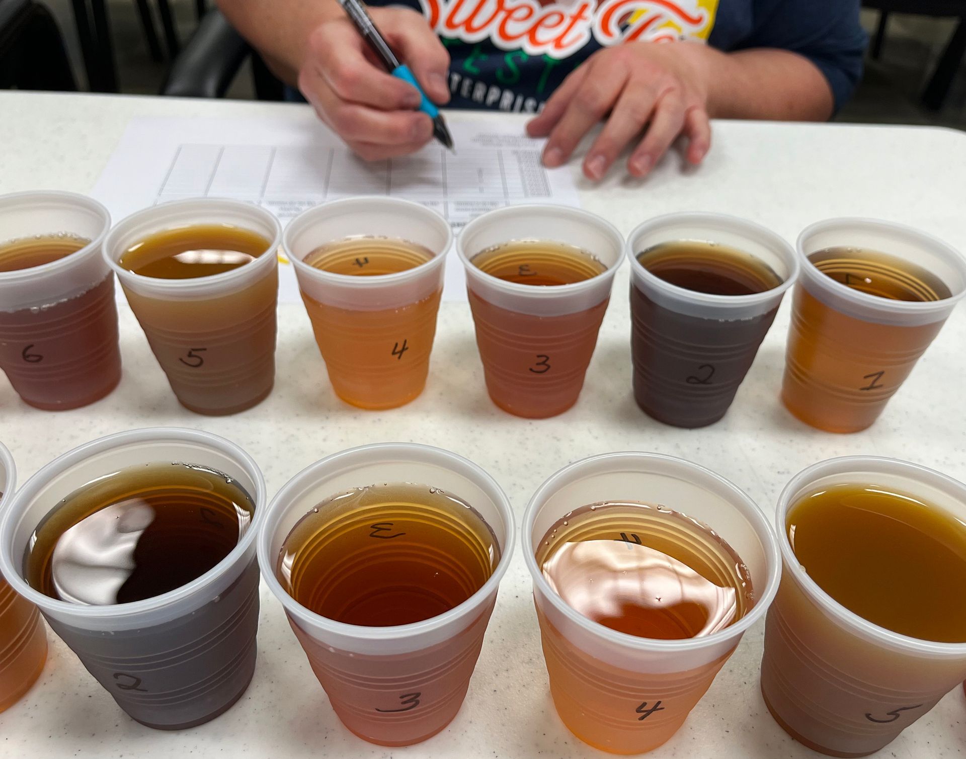A person is writing on a piece of paper next to cups of tea