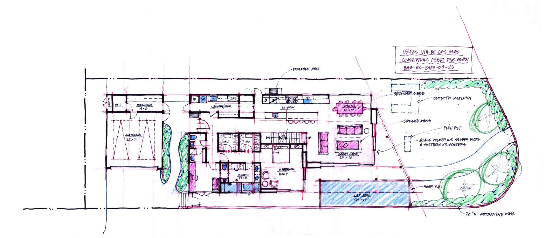 An architect's sketch of a house with a pool