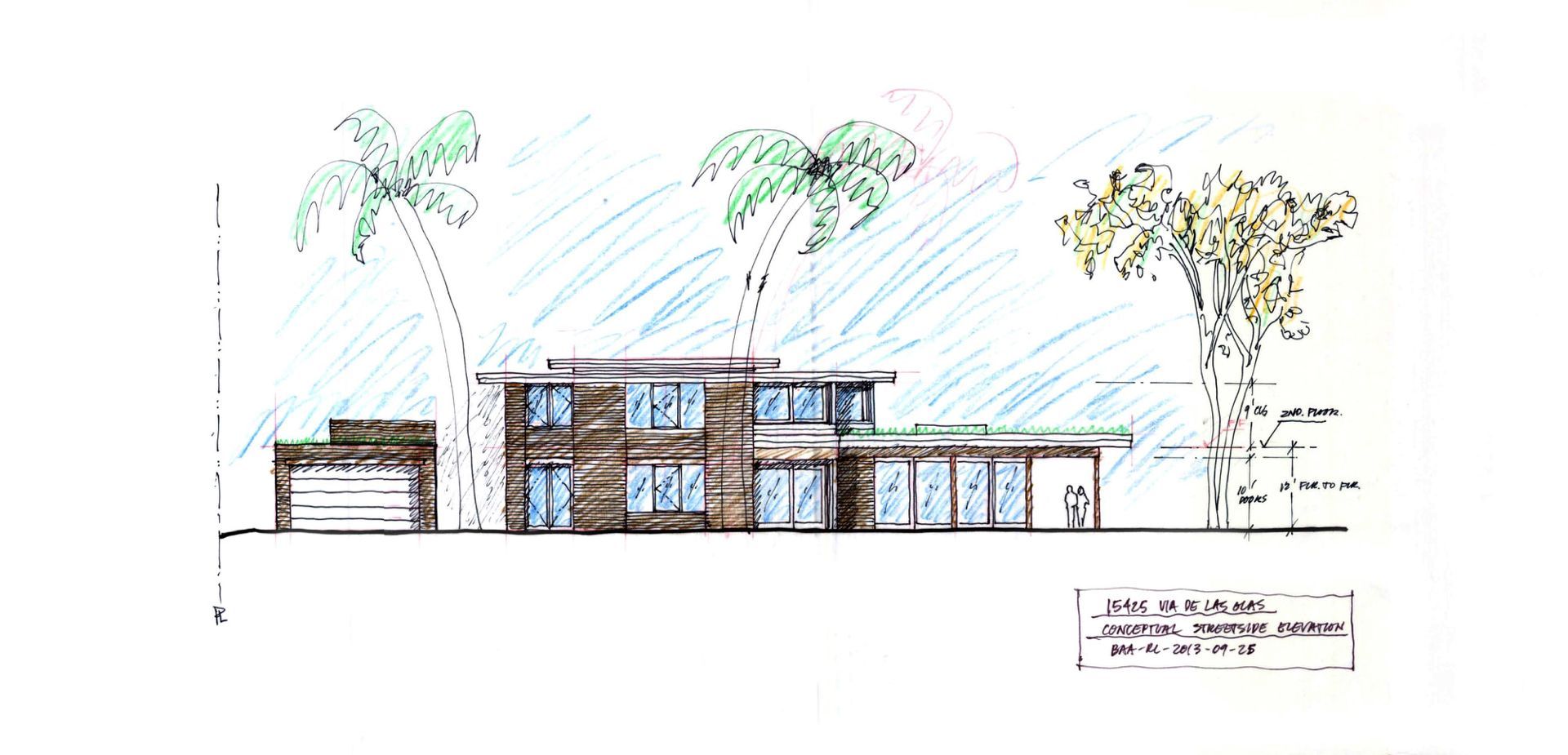 A architect's sketch of a house with palm trees in the background.