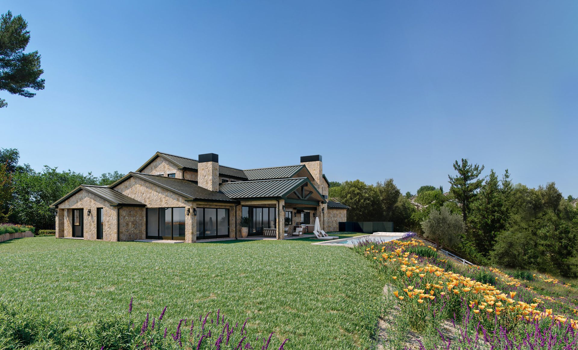A large house is sitting on top of a grassy hill surrounded by trees.