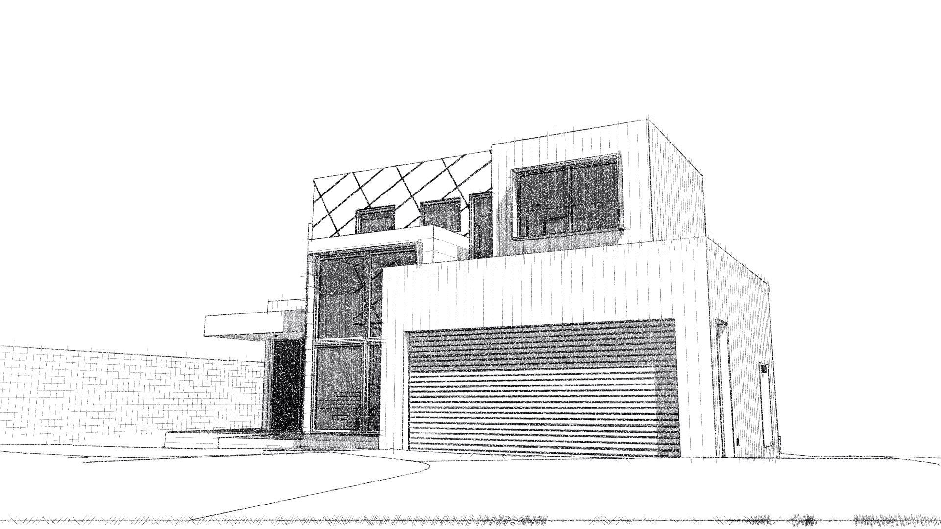An architect's rendering of a modern house with a garage.