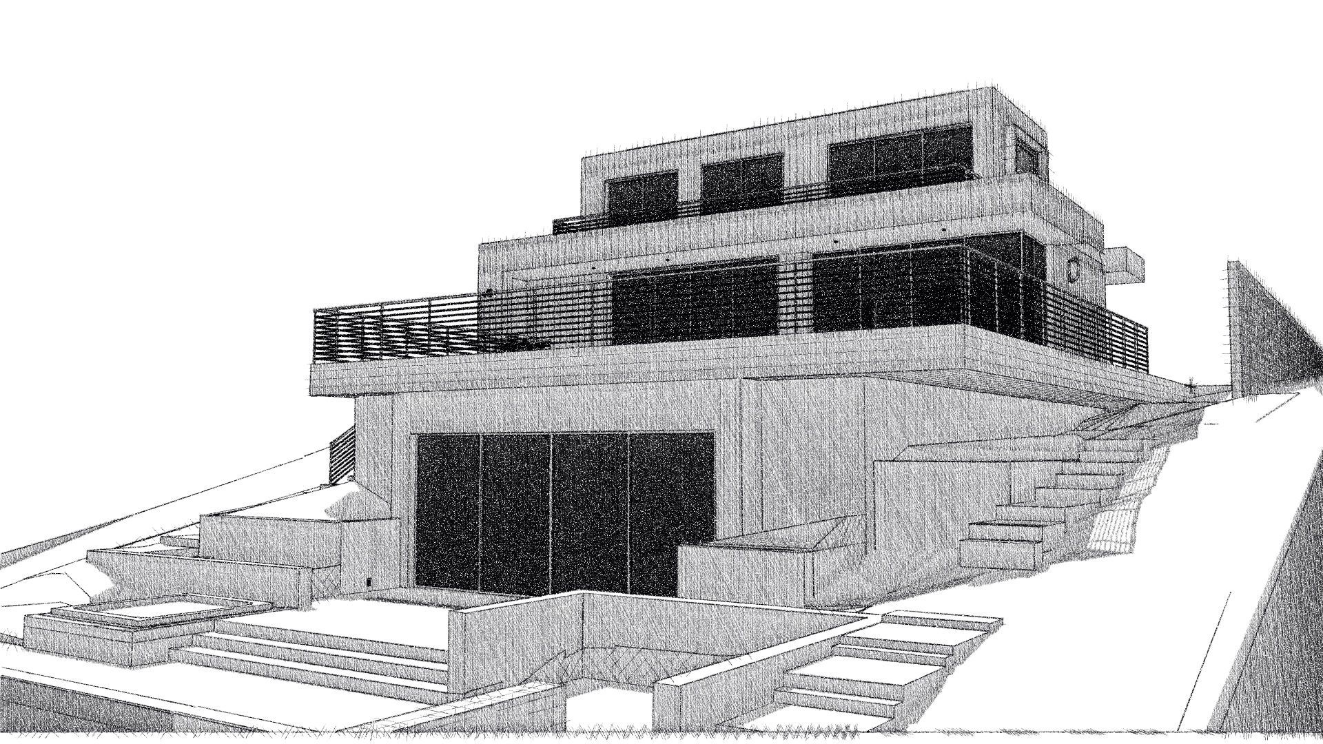 An architect's rendering of a building on a hill.