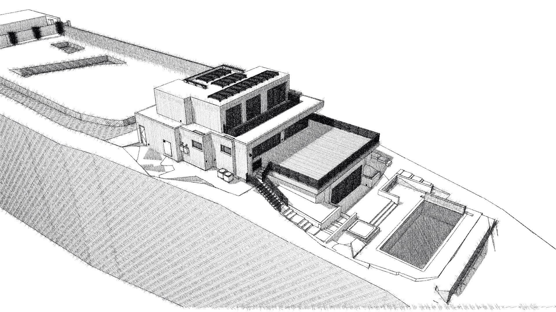 An architect's rendering of a house on a hill.