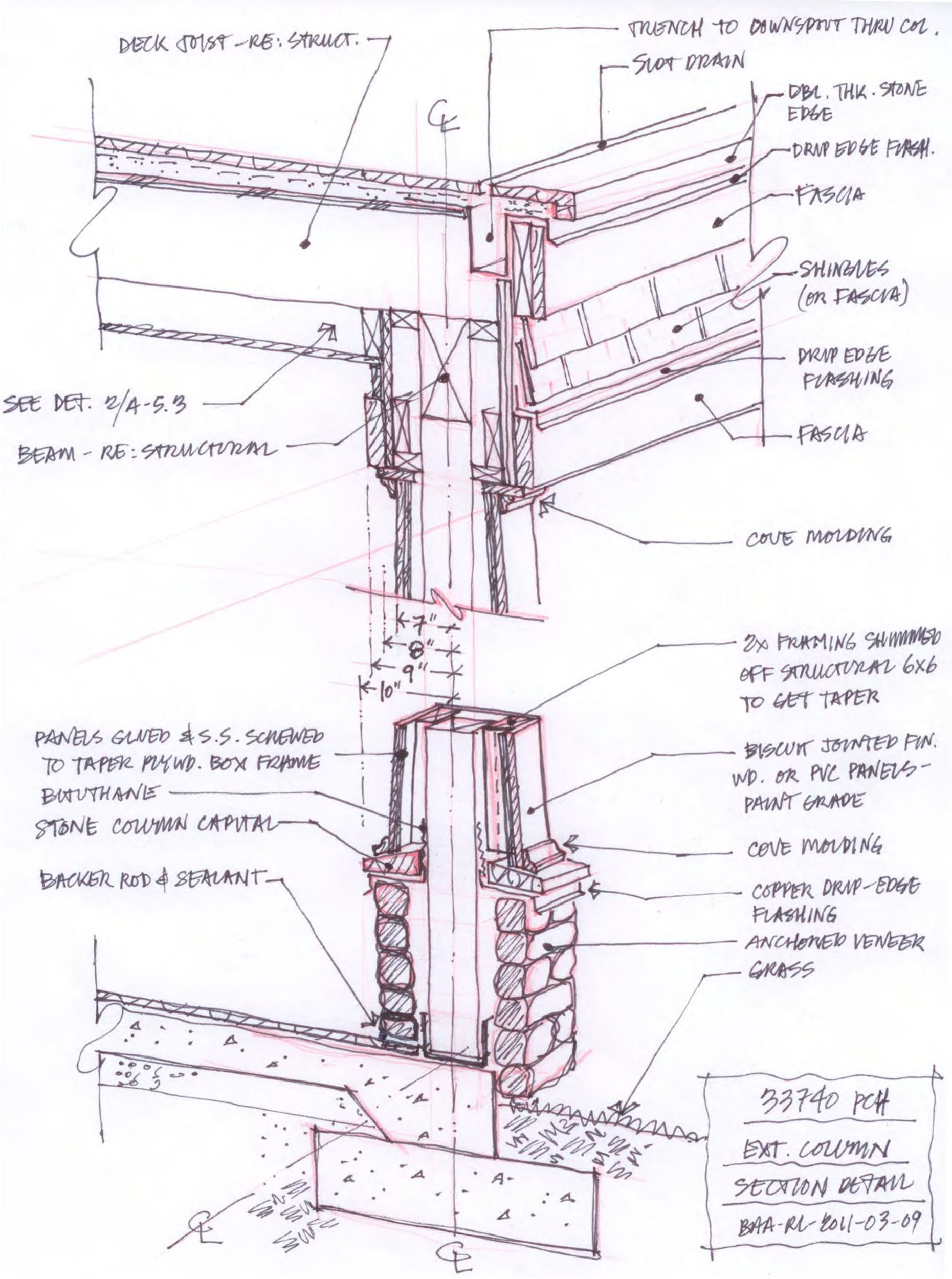 An architect's black and white drawing of a building detail with a lot of notes written on it.