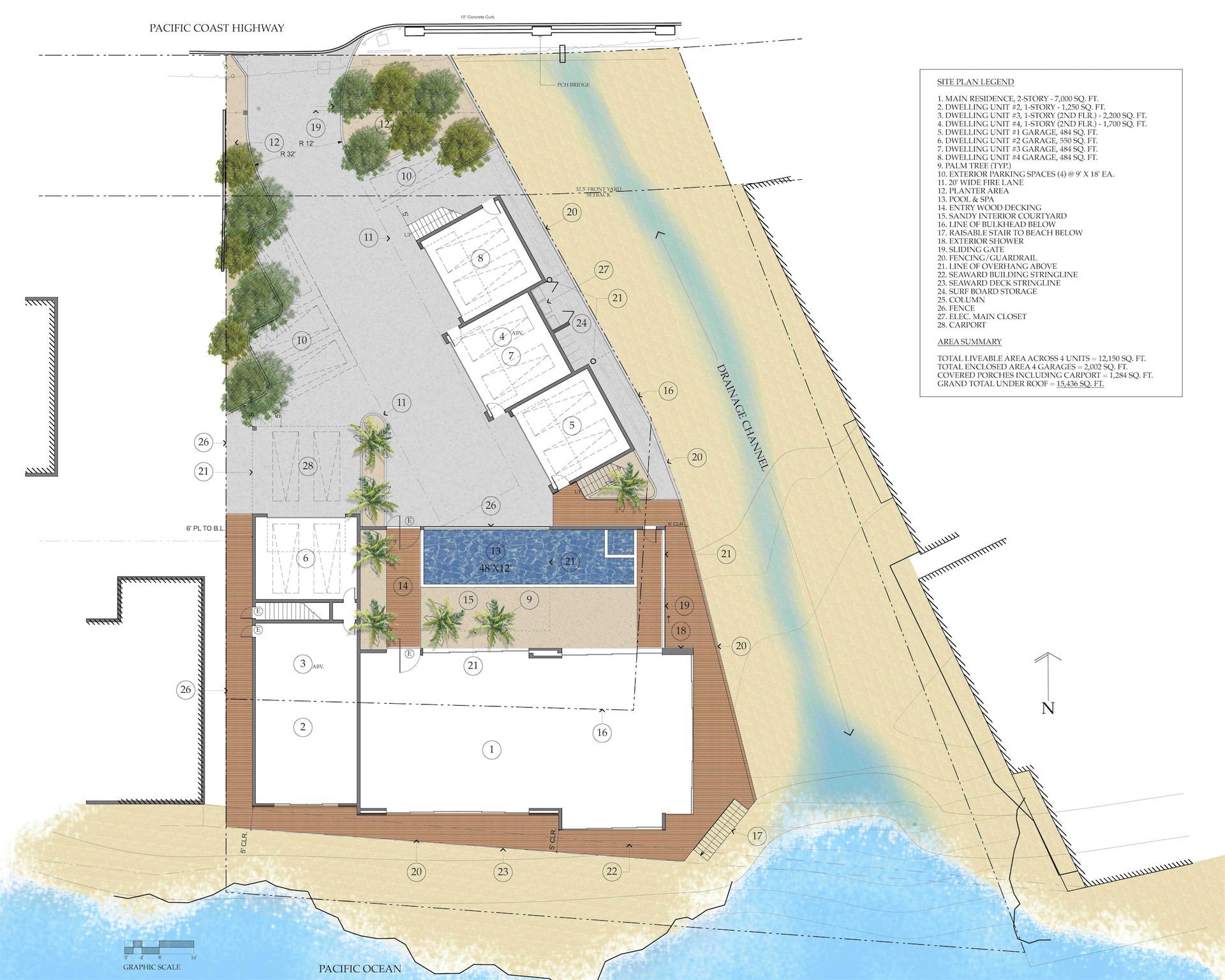 An architect's sketch of a house on the beach with a pool