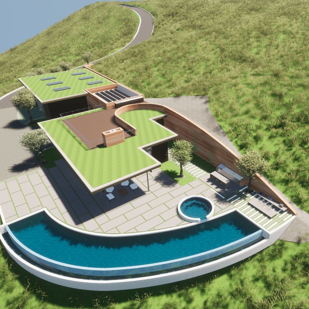 An architect's rendering of an aerial view of a modern home built into the landscape with a swimming pool