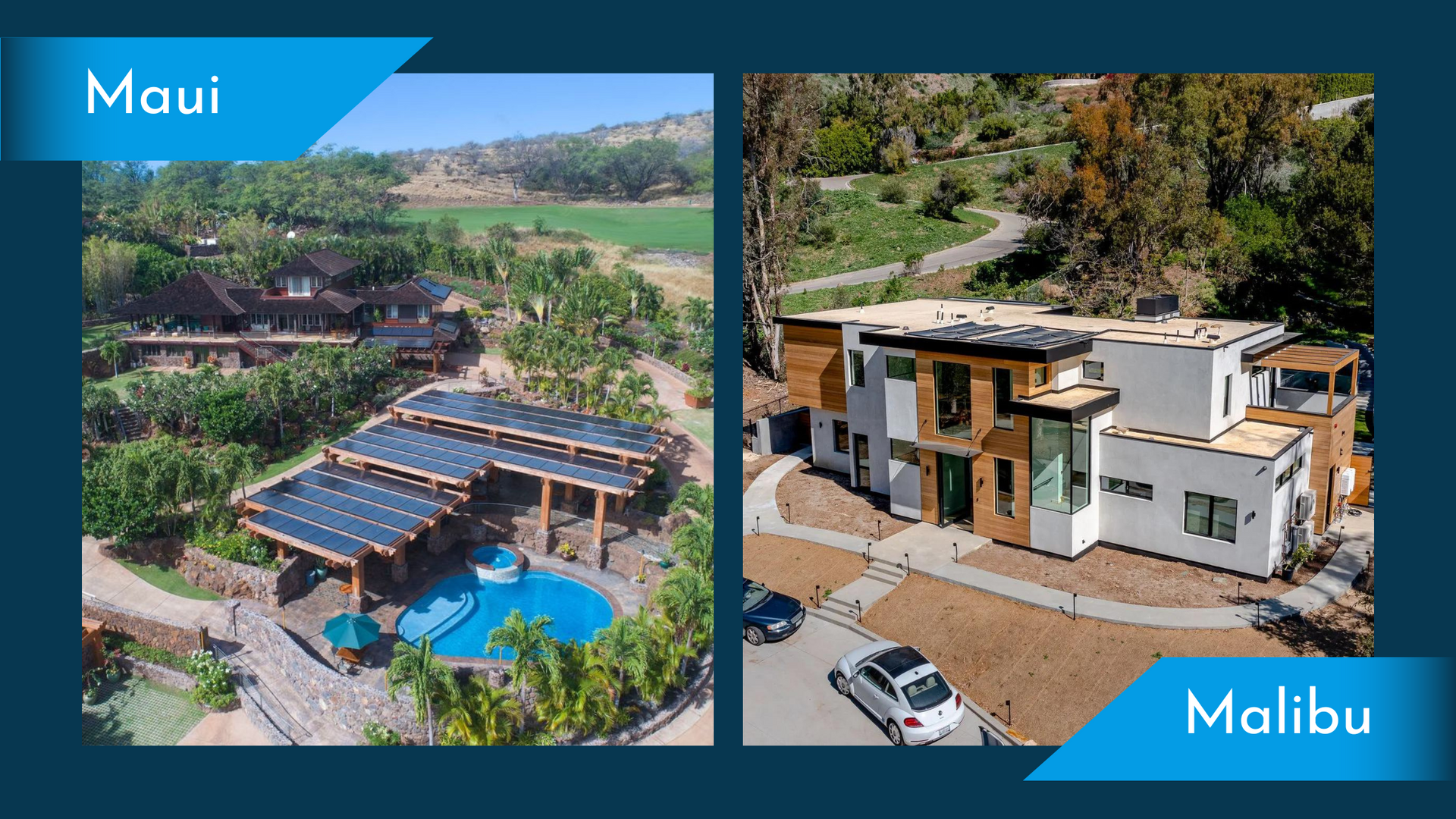 A picture of a house in malibu and a picture of a house in maui.