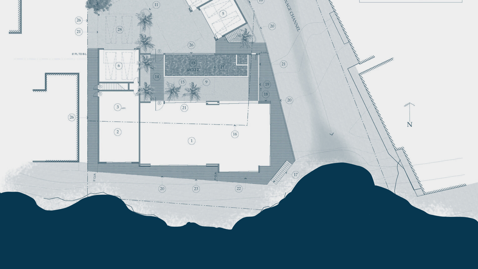 A blueprint of a house on a blue background