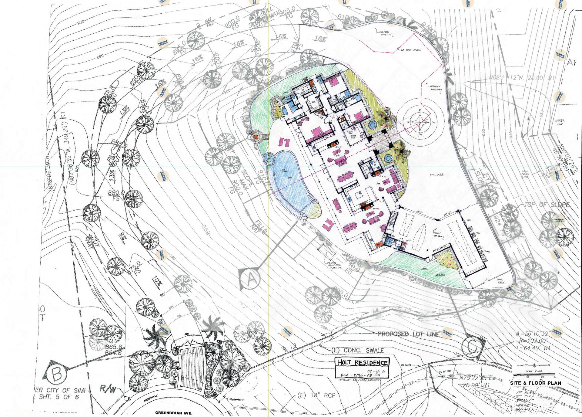 An architect's sketch of a topographic map of a house on a hill.