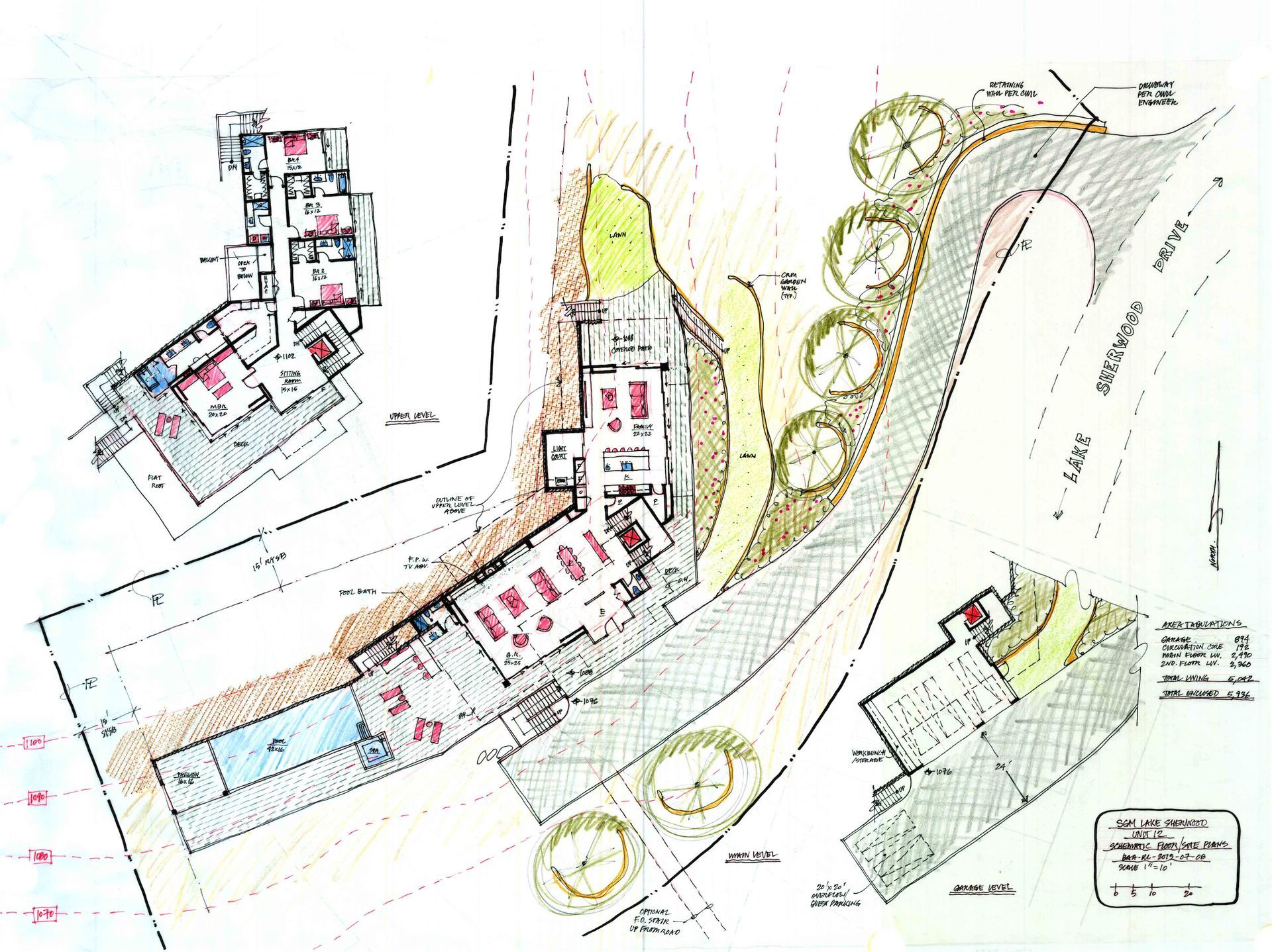 An architect's sketch of a house on a hill with a swimming pool