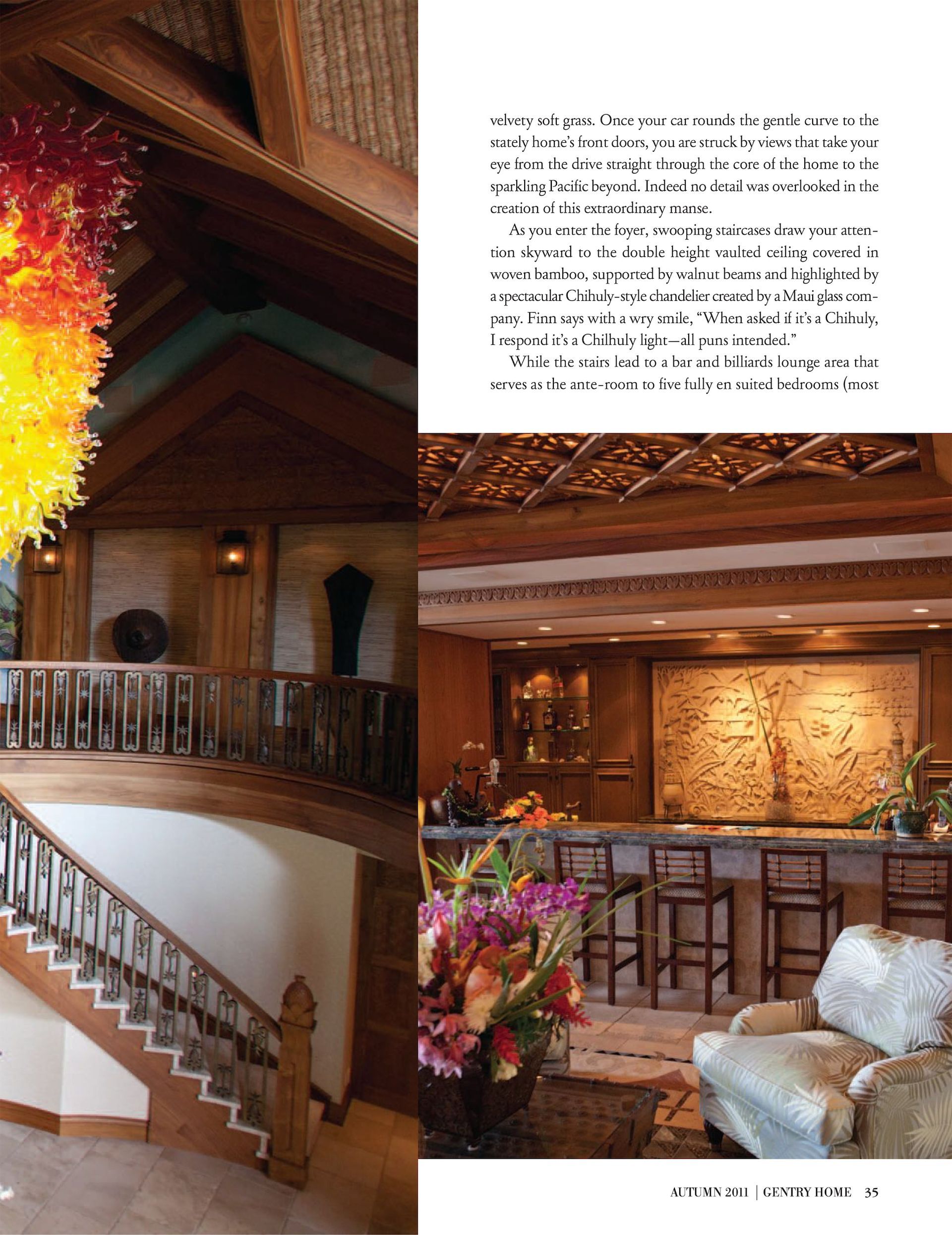 A picture of a staircase and a bar in the Makena Waterfront Estate featured in Gentry Home Magazine.