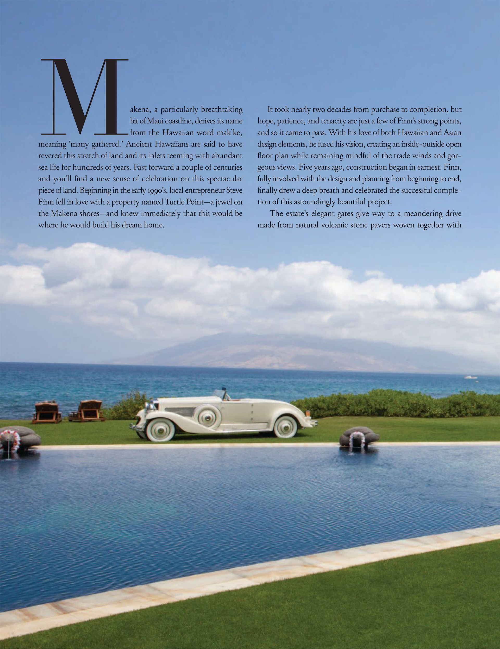 A white car is parked next to a swimming pool overlooking the ocean in an excerpt from a magazine called Gentry Home.