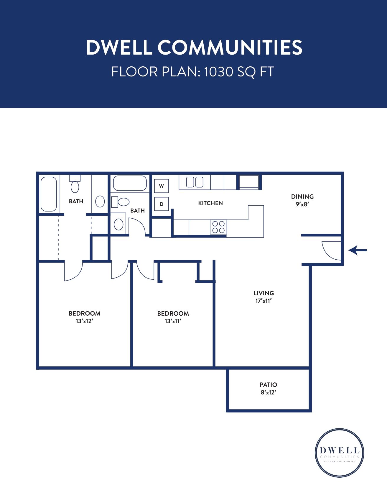 A floor plan of Dwell @ 750 with two bedrooms and a dining room