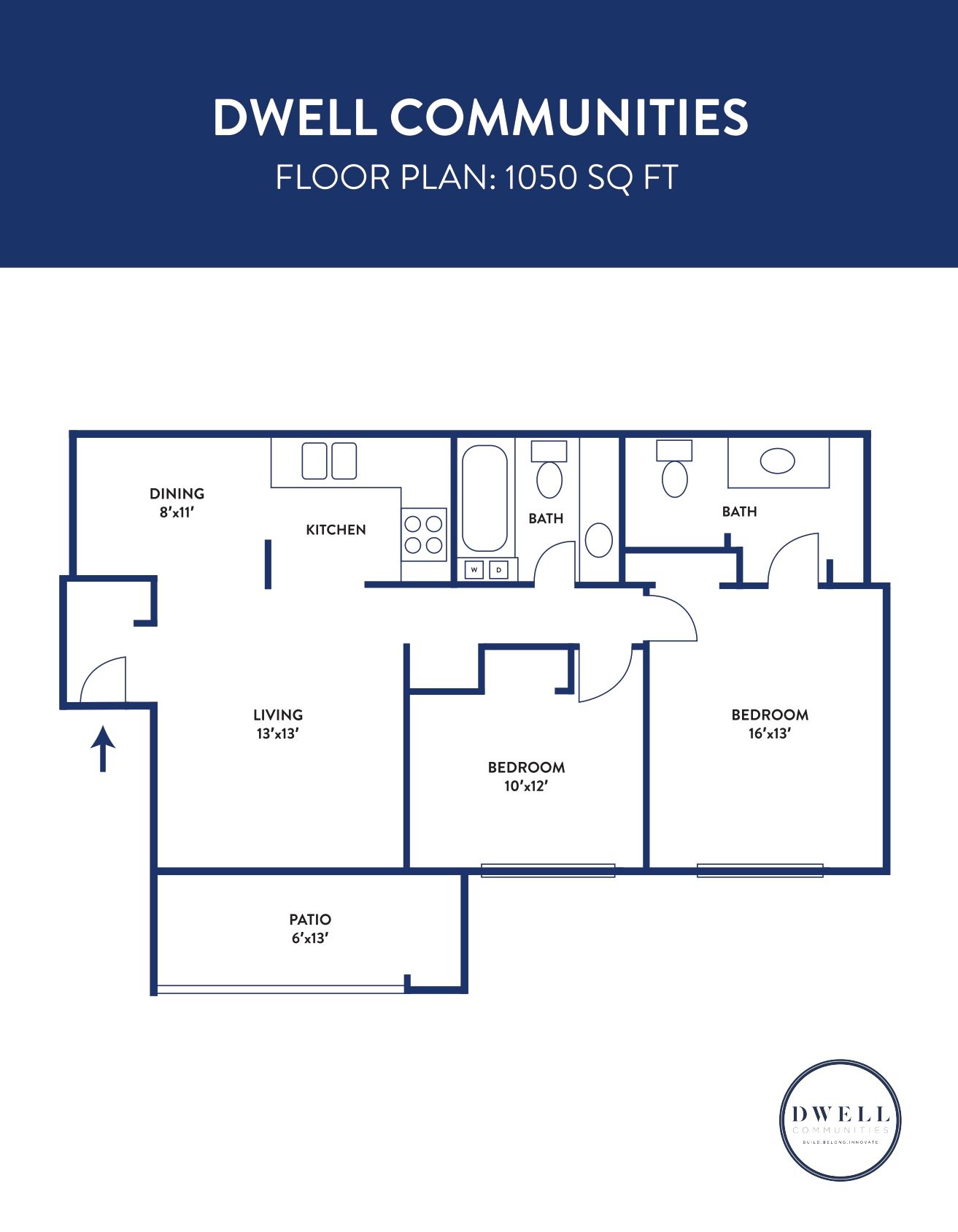 A floor plan of Dwell @ 750  with two bedrooms and a patio