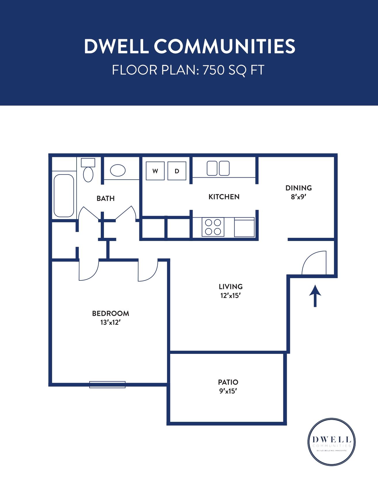 A floor plan at Dwell @ 750 showing a bedroom and a living room