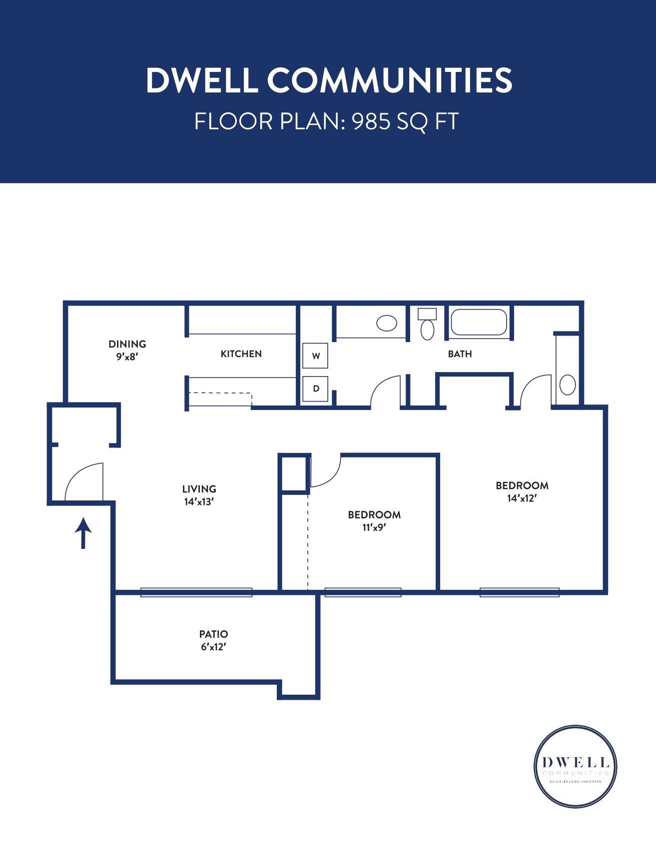 A floor plan of Dwell @ 750 with two bedrooms and a bathroom