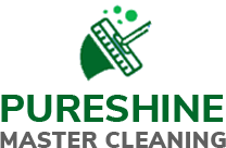 Pureshine Master Cleaning logo with green and gray text and a stylized cleaning tool icon