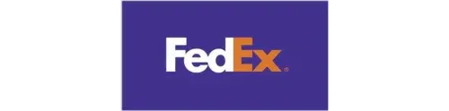 FedEx logo in white and orange on a dark purple background.