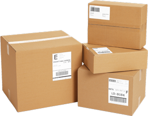 Cardboard boxes, stacked, with shipping labels attached. Cardboard boxes, stacked, with shipping labels attached.