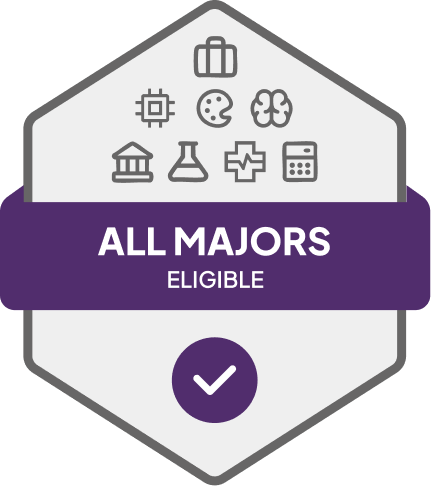 Badge with blue banner: 