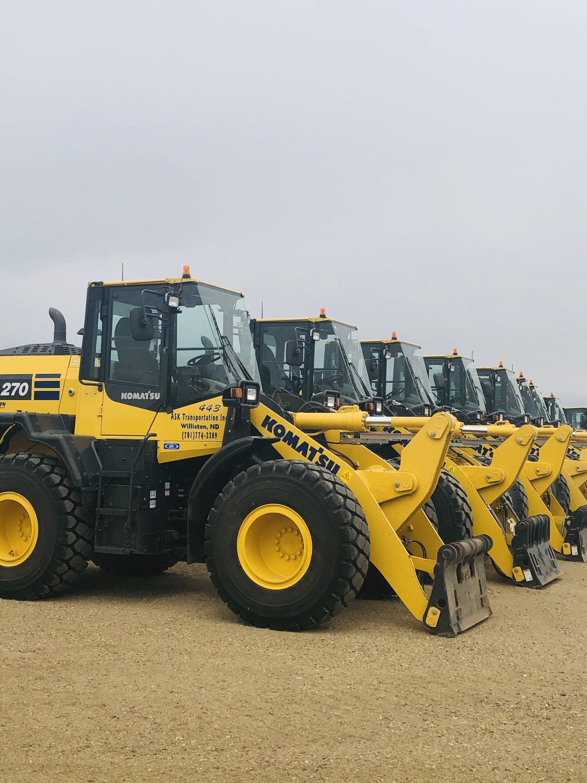 Line of yellow Komatsu vehicles