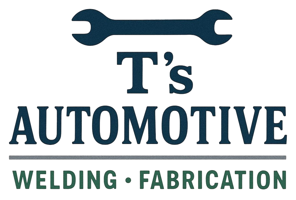 A logo featuring a dark blue wrench icon above the text "T's AUTOMOTIVE," with "WELDING &bull; FABRICATION" below a line.