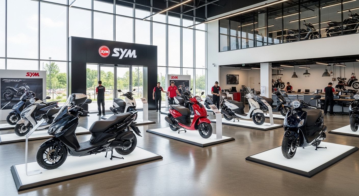 Showroom de motocicletas com fileiras de scooters e motos em exposição sob iluminação intensa.