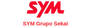 Logo vermelho da SYM com o texto “concessionária autorizada” em vermelho sobre fundo branco