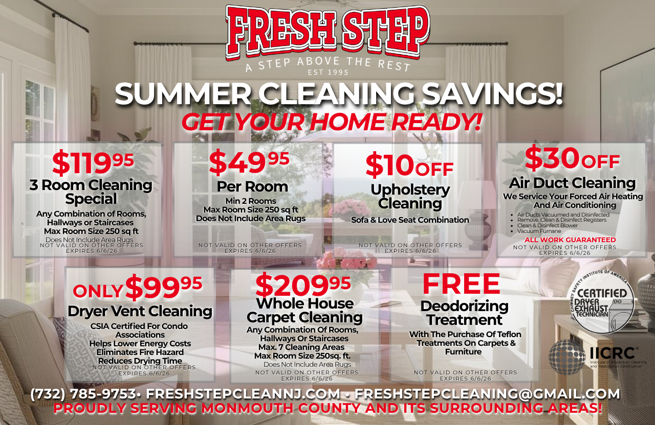Ad for FreshStep Cleaning Services: Spring savings on carpet, duct, and upholstery cleaning in New Jersey.